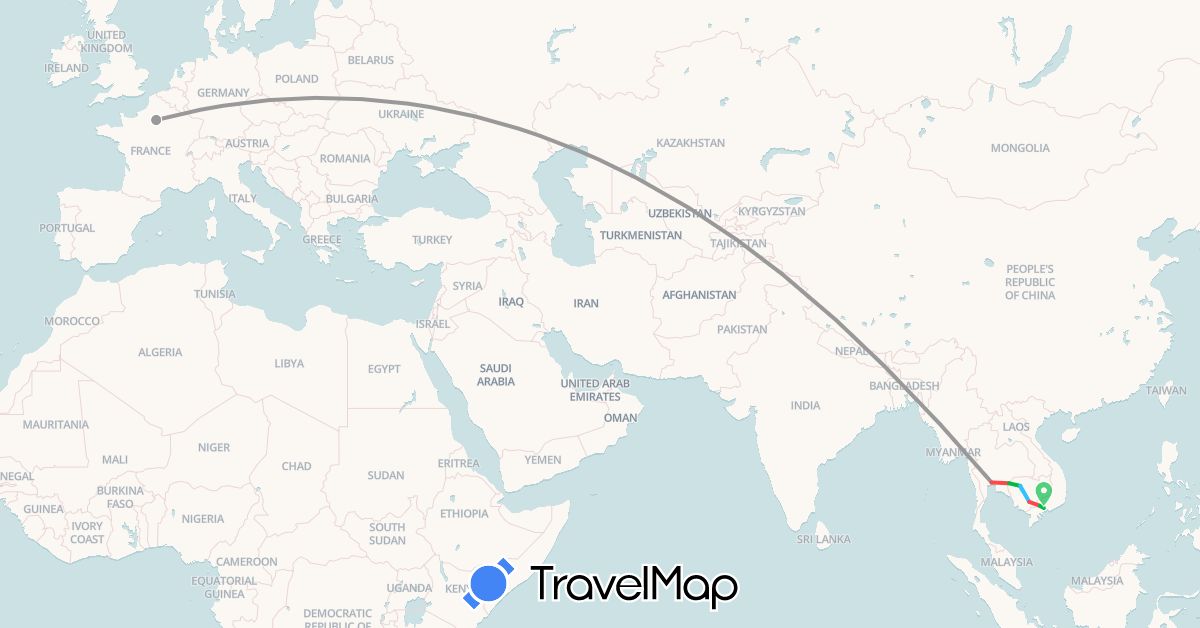 TravelMap itinerary: bus, plane, train, hiking, boat in Cambodia, Thailand, Vietnam (Asia)
